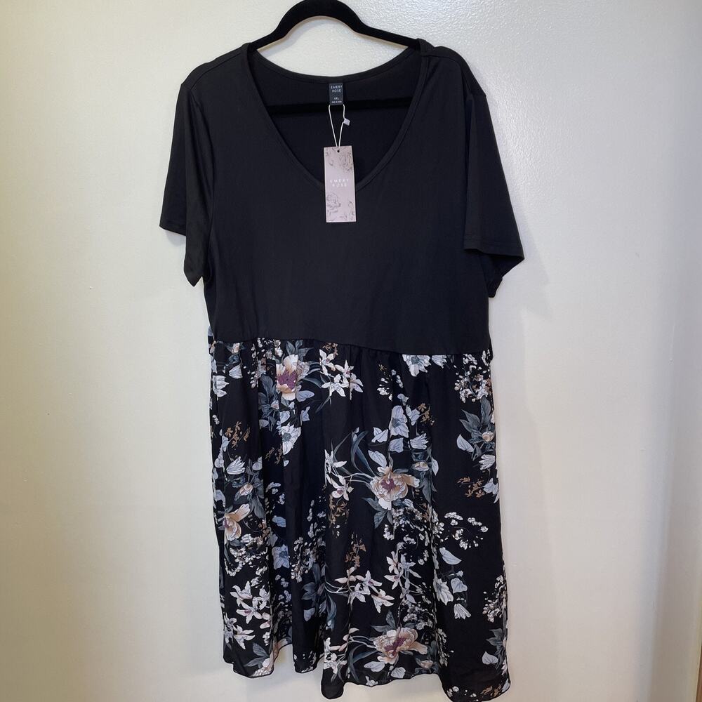 Emery Rose Women’s 4XL Dress Black With Floral Print Belted Elastic Waist NWT - Picture 2 of 10
